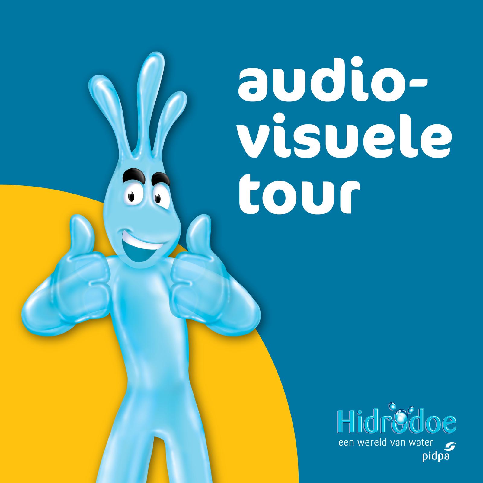 Mascotte Spetter op een blauw met gele achtergrond met de tekst ‘audiovisuele tour’. Copyright: Hidrodoe, een wereld van water en Pidpa.