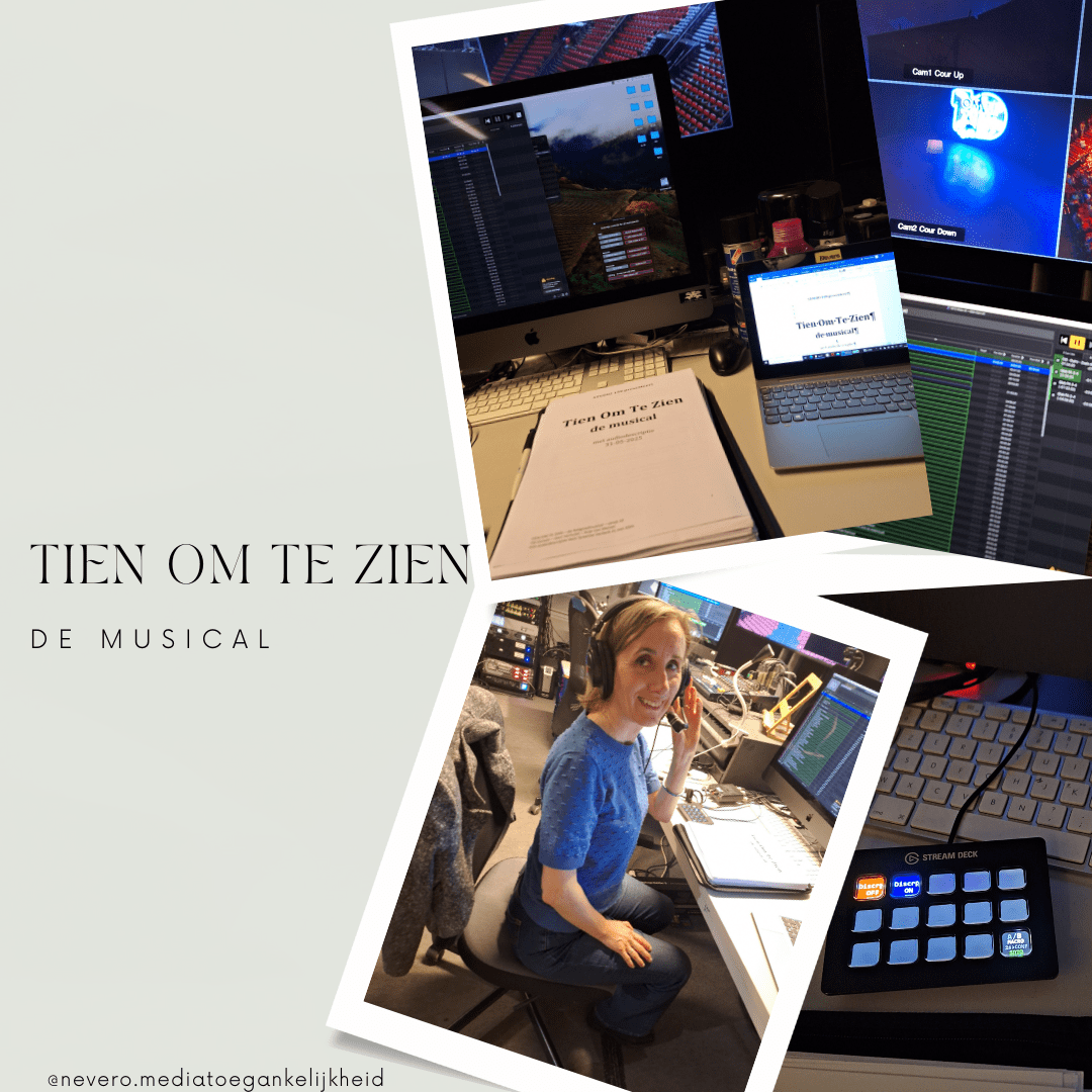 Een collage van foto’s van de audiodescriptie met de tekst Tien Om Te Zien, de musical. Van links naar rechts: het script staat klaar, de schermen waarop ik de voorstelling volg, Susanne met headset vlak voor de voorstelling en het bakje waarmee ik mijn stemsignaal doorgeef of net niet.