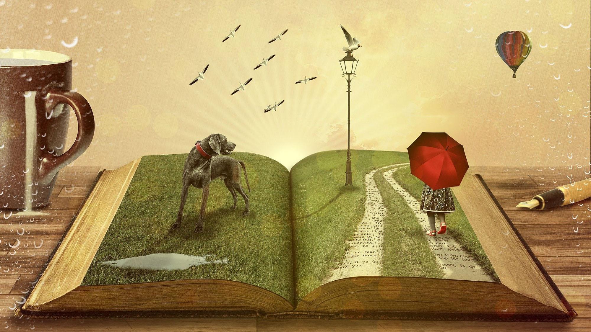 Een opengeslagen boek dat tot leven komt (een afbeelding van David Mark via Pixabay). Op de linkerpagina van het opengeslagen boek staat een grote grijze hond bij een plas water. Rechts wandelt een meisje met een rode paraplu door een drassig grasveld.